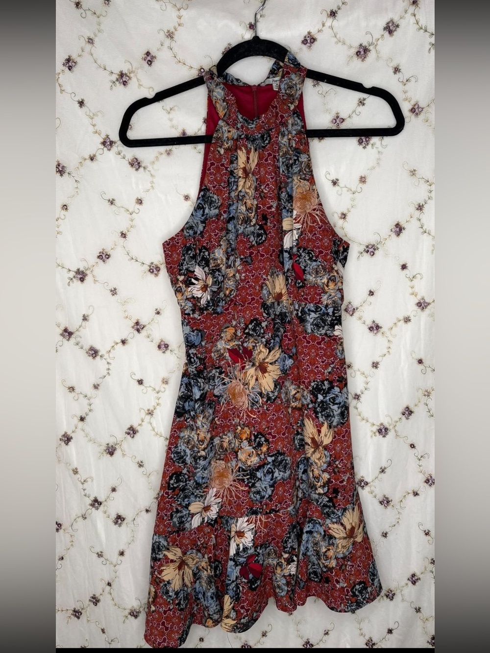 Papaya Floral Halter Midi Dress in Rust Red and Blue